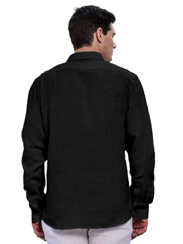 Image of Classic Black Linen Cotton Button-Down Shirt, Full Sleeves, Slim Fit, Casual Wear
