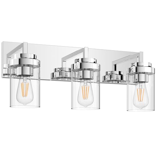 Image of Chrome Light Fixtures, 3 Light Bathroom Vanity Light with Clear Glass Shade, 22in Modern Vanity Light, Bathroom Lighting Fixtures Over Mirror for Living Room