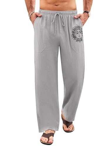 Litthing Pantaloni Lino Uomo Pantalonis da Jogging in Cotone Estivi Casual Tasche Pants Larghi Coulisse Pant Comodi e Leggeri Mare