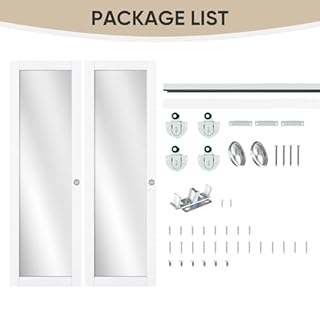 JUBEST 72" x 80" Mirror Closet Door, Preassembled One Side Mirror Door with Hardware Kit & Matching Fascia, Solid Wood Frame with Water-Proof PVC Surface, Easy to Install, White