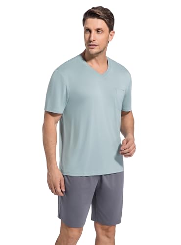 SlumberMee Mens Pajama Set Soft Cooling Viscose Summer Pjs Short Sleeve Sleepwear 2 Piece Set V Neck Loungewear with Pockets3