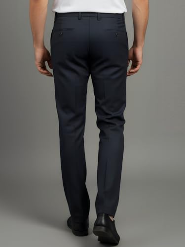Image of LIVE IN Mens Navy Blue Cotton Slim Fit Mid Rise Solid Formal Trousers