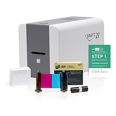 Small Business Starter ID Card Printer Bundle | IDP Smart 21s Badge Printer with IDP Smart 653361 YMCKO Printer Ribbon, 100 Plastic Cards for Printing, and ID Card Design Software Cover