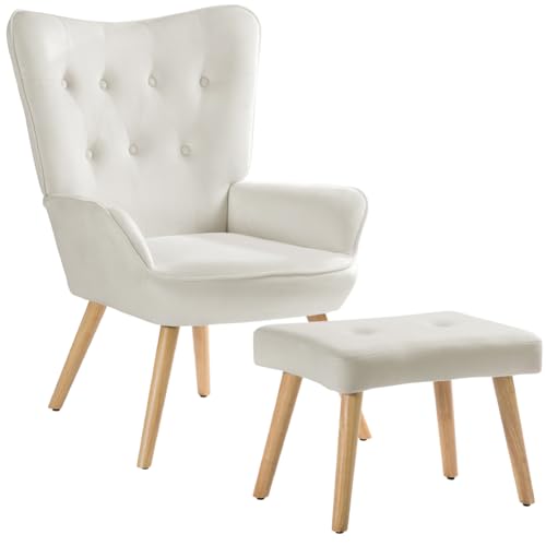 BAKAJI Poltrona con Sgabello da Soggiorno, Poltroncina con Pouf Poggiapiedi da Salotto, Sedia per Camera da Letto Imbottita con Rivestimento in Velluto Morbido, Braccioli Alti, Design Moderno (Beige)