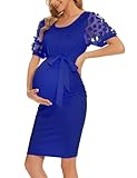 Floral Mesh Bishop Short Sleeve Maternity Midi Dress, Summer Maternity Bodycon Dress for Baby Shower/Photoshoot Royal Blue