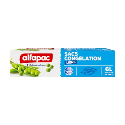 alfapac - 25 sacs congélation lien 6L - matière d'origine végétale - fabriqué en France