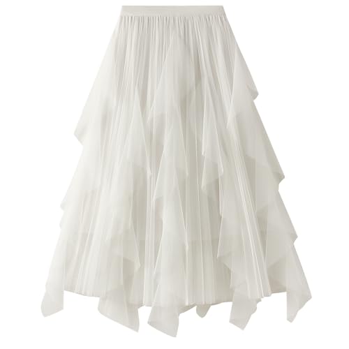 DGSHIRLDJO Faldas de tul para mujer, cintura elástica larga, elegante, vintage, enagua acampanada, falda tutú de tul para uso diario, baile de graduación, fiesta, blanco, Talla única