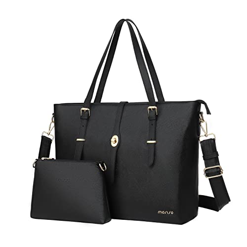 MOSISO Laptop Tote Bag Compatible with MacBook Pro 16 inch M4 M3 M2 M1 2025-2019, 15-15.6 inch PU Leather Briefcase with Middle Button & Small Purse&Shoulder Strap, Black