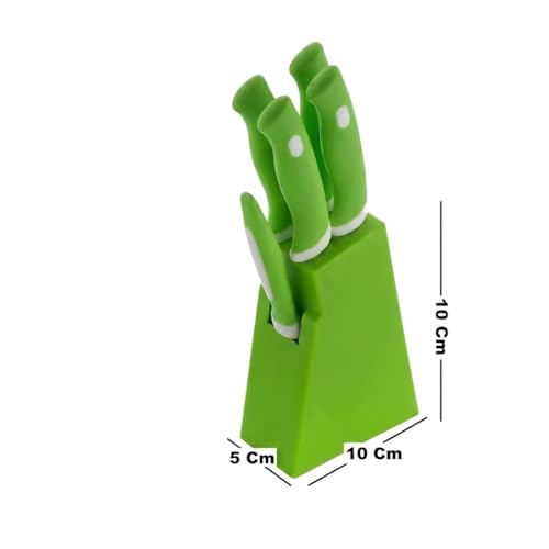 Image of Kitchen Knife Set with Stand, Stainless Steel Blades, Green Handles, Includes Peeler