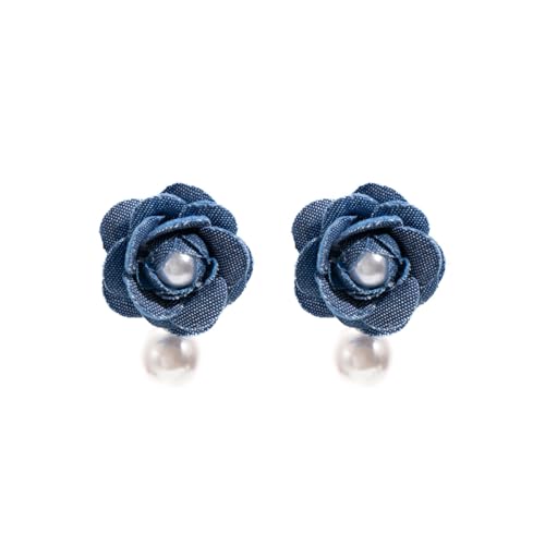 Pearl Camellia Denim Flower Statement Stud Earrings for Women - Cowboy Cowgirl Fabric Blue Floral Blossom Rose Dangle Drop Short Earring Elegant Birthday Jewelry for Mother Wife