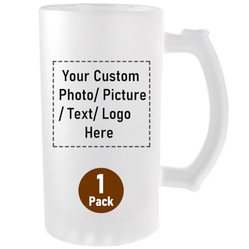 Custom 16oz Glass Beer Mug with Handle Personalized Photo Picture Text or Logo Glass Mug Great Gifts for Men and Women on Birthdays Father's Day Halloween Wedding Christmas (1, Custom Mug)