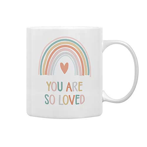 QASHWEY You Are So Loved Rainbow Coffee Mugs Mug, Inspirational Gifts for Women Girls Kids Wife Her Sister Mom Girlfriend, Birthday Gift Double Side Printed Ceramic Mug Cup 11 Ounce