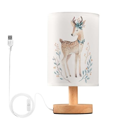 YYZZH Table Lamp Cute Baby Deer Animal in Floral Nightstand Lamp with Wood Base Fabric Lamp Shade Bedside Desk Lamp for Living Room Bedroom Kids Room Office