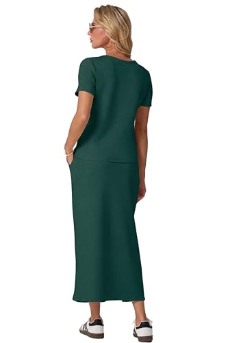 Image of GRECERELLE Women Summer Casual 2 Piece Sets V-Neck Wrinkle-Free Top & Elastic Waist Midi Side Slit Skirt with Pockets