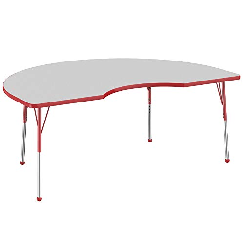 Image of FDP Kidney Activity School and Office Table (48 x 72 inch), Standard Legs with Ball Glides for Collaborative Seating Environments, Adjustable Height 19-30 inches - Gray Top and Red Edge