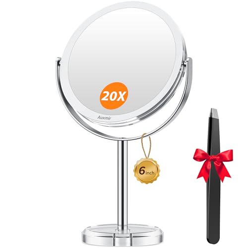 Auxmir 20X Magnifying Makeup Mirror, Double Sided 1X/20X Magnifying Mirror, Tabletop Magnified Vanity Mirror with Magnification, 360° Rotation, Stand for Dressing Table, Bathroom, Bedroom