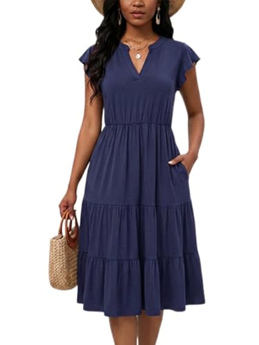 Image of Womens Summer Dress Ruffle Sleeve V Neck Midi Dresses Casual Fit Flowy Tiered Boho Beach Vacation Sundress