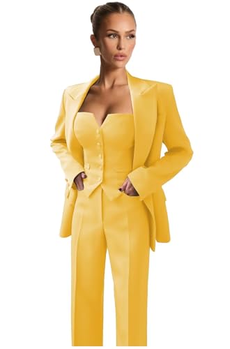 Womens Suit 3 Piece Womens Tuxedo Suit Set Business Blazer Vest Pants Yellow Double Breasted Tuxedo for Women Wedding Size Medium