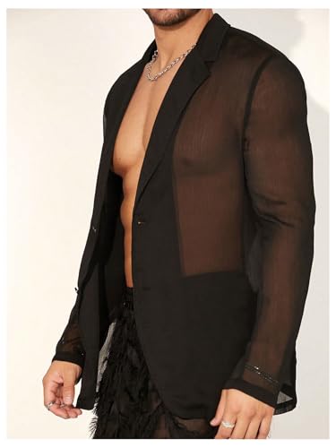 OYOANGLE Men's Long Sleeve Sheer Mesh Blazer Jackets Party Lightweight See Through Button Front Shirts Outwear3