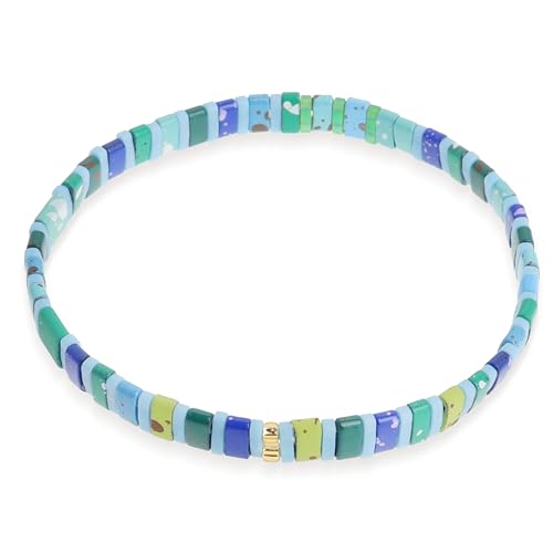 Sonateomber Colorful Tila Flat Beads Stretch Bracelets for Women, Trendy Unique Handmade Stackable Blue Green Mixed Colorful Square Beaded Link Bracelet Summer Jewelry Gift
