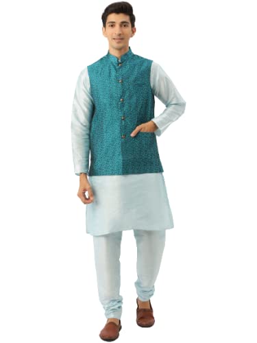 Image of SOJANYA (Since 1958, Men's Silk Blend Grey Kurta Pyjama & Silk Blend Jacket Combo