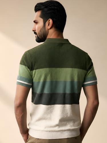Image of GRECIILOOKS Polo T Shirt for Men | Knitted Block Collar Neck T-Shirt | Smart Casual Striped Design | Premium Mens T Shirts | Office Wear, Travel & Everyday Styling