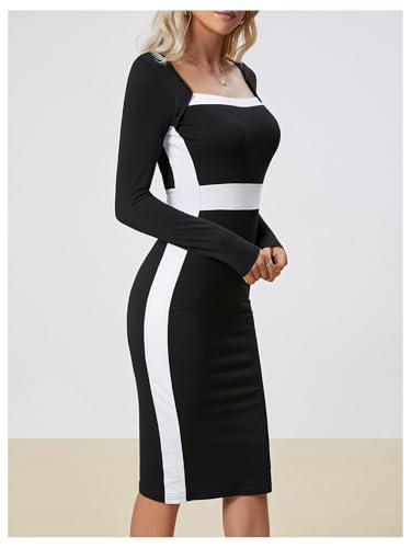 Image of SOLY HUX Women's Midi Dress Color Block Square Neck Long Sleeve Bodycon Dresses