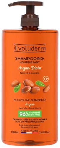 EVOLUDERM - Shampoing Nourrissant Argan Divin - 1000 ml - 96% d'Origine Naturelle - Végan - Fabrication Française