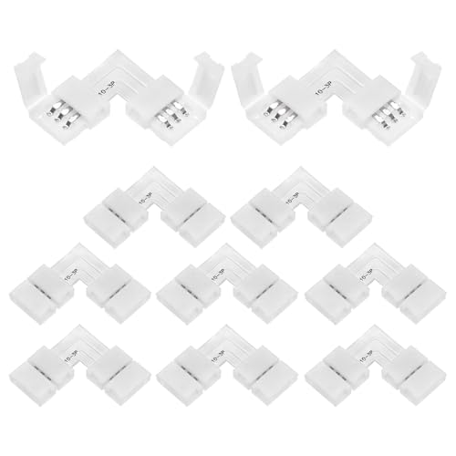 M METERXITY 10-Pack L-Shape 3-Pin LED Strip Lights Connectors, Solderless and Gapless Adapter Connectors for 10mm 5050 2835 Strip Lights/DIY Lighting, LED Tape Light Clips[White]