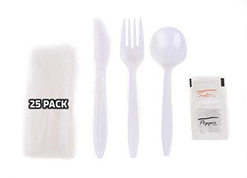 EcoQuality Wrapped Cutlery Kit 6 in 1 - Fork/Spoon/Knife/Napkin/Salt/Pepper - Disposable Cutlery Kit, Perfect for Lunch, Meal Prep, On the Go, To go, Catering and Restaurants (White, Pack of 25)