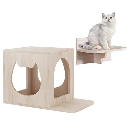 Juego de Muebles de Pared para Gatos, Pared de Escalada, 1 Casa Creativa y 1 Escalera, Estanterías y Perchas para Gatos