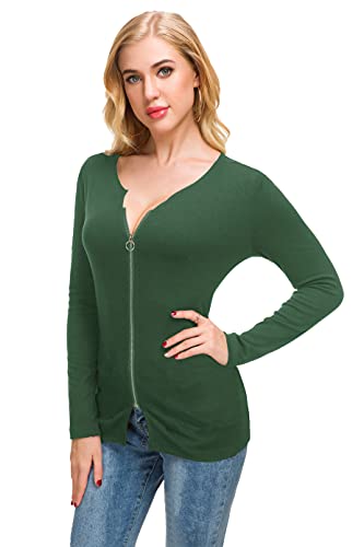 Image of Afibi Women V Neck Zip Front Long Sleeve Casual Top Blouse Shirt /Cardigan