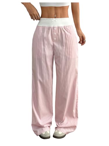 Milumia Women's Colorblock Striped Long Pants Bow Tie Button Front Loose Fit Casual Pants4