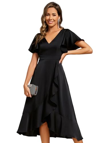 Image of Ever-Pretty Women's V Neck Satin Short Sleeve A Line Hi-Lo Midi Asymmetry Hem Bridesmaid Dress 02318