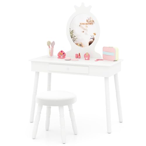 DREAMADE Schminktisch Kinder, Frisiertisch mit Spiegel & Hocker, Kosmetiktisch mit Schublade, Kinderschminktisch für Mädchen (Weiß)