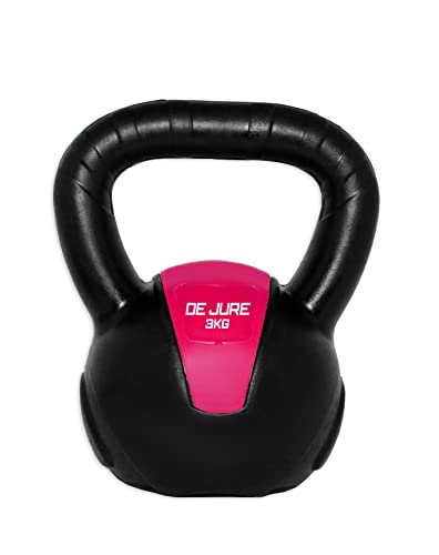 Image of De Jure Fitness PVC Kettlebell 3kg for Men & Women Strength & Cardio Training, Soft Grip, Crushed Concrete Filled, Full Body Workout Equipment for Home & Gym - Pink - Black