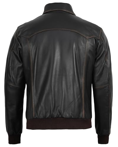 Image of Decrum Men's Bomber Leather Jacket - Vintage Style Real Lambskin Leather Jacket with Rib-Knit Cuffs and Hem