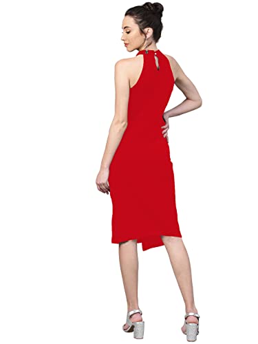 Image of Shasmi Women's Comfortable Red Halter Neck Sleeveless Solid Midi Bodycon Casual Western Stylish Dress