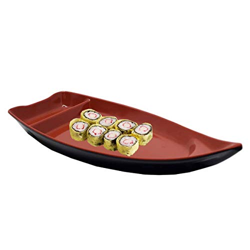 Happy Sales Hssb-10Rb, Sushi Boat Shape Plate Sushi Sashimi Serving Plate Melamine Plastic Tray 10 X 4.5 Inch (Red Black) #TOP1