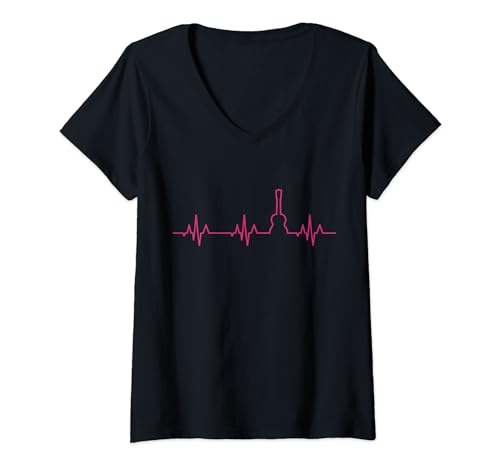 Womens Heartbeat Ukulele - Cool Pink Design for Uke Players V-Neck T-Shirt