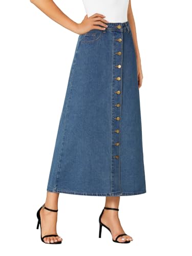 Vrtige Women's Casual Button Down High Waisted A Line Jean Midi Long Denim Skirt with Pockets4
