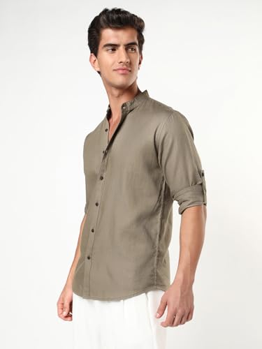 Image of Urbano Fashion Men's Linen Blend Full Sleeve Relaxed Fit Mandarin Collar Casual Solid Shirt