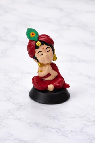 Image of Bal Krishna Idol for Car Dashboard | Premium Laddu Gopal Figurine for Home, Office & Car Decor | Baby Krishna Murti | Hindu God Statue | Spiritual Gift & Decorative Idol | Krishan Ji Close Eye Maroon