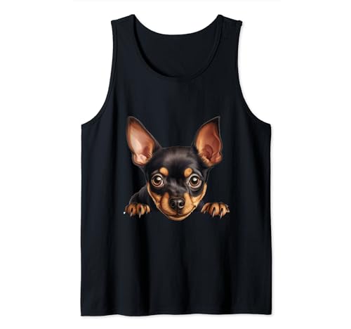 Cani di razza cucciolo Miniature Pinscher, che sbircia felice in vena di coccole e affetto. Per chi ama queste razze di cane, questo design è perfetto.