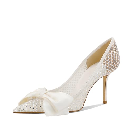 Women's Bow High Heels Pointed Toe Pumps Lace Mesh Stiletto Heels Dressy Wedding Party Pumps Bridal Shoes White(3.34 inch)