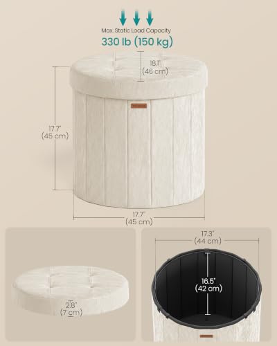Image of SONGMICS Mazie Collection - Round Storage Ottoman, Folding Footrest Stool with Removable Lid, Easy Assembly, PU Leather Vanity Stool for Bedroom, Living Room, Entryway, Cream White ULSF609WD01