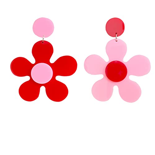 ONLYJUMP Vintage 60s 70s Flower Earrings - Colorful Floral Daisy Dangle Earrings for Women - Lily Petals Hawaii Plant Statement Fashion Jewelry (Pink and Red)