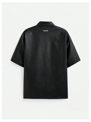 SHENHE Men's PU Leather Button Down Short Sleeve Shirt Collared Dressy Fashion Top Streetwear2