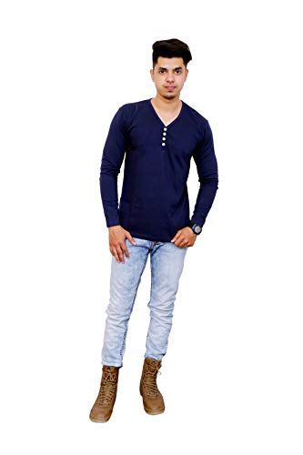 Image of Men's Cotton Full Sleeves V-Neck Casual T-Shirt (Blue)
