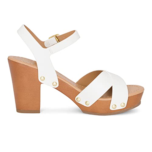 STYLISH S SHIFT - Womens Open Toe Studded Double Cross Band Ankle Strap Faux Wood Platform Heel Sandals2